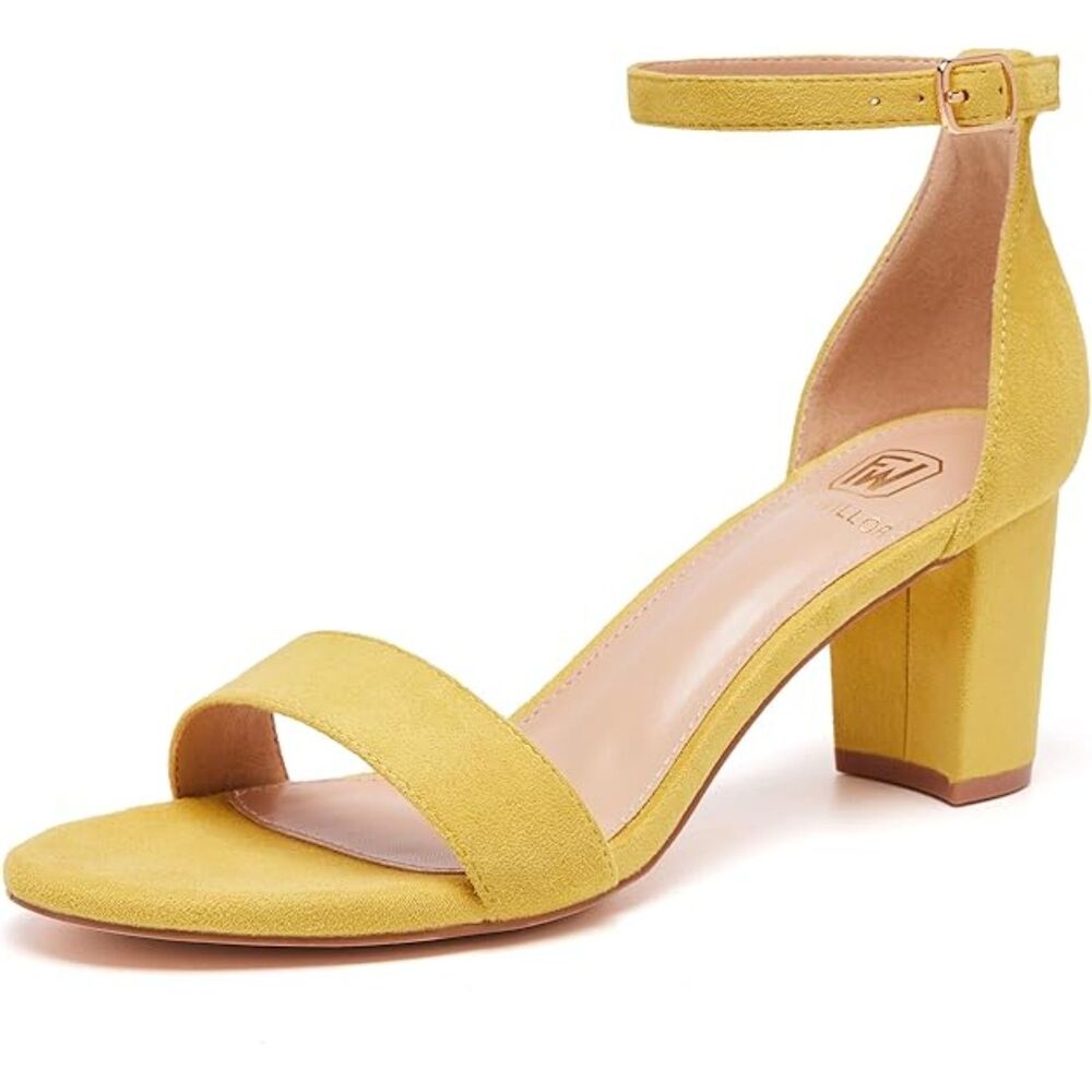 Women's Yellow Open Toe Ankle Strap Low Chunky Short Heels Wedding Pumps Shoes